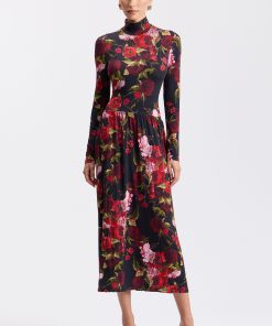 Printed Stretch Jersey Turtleneck Drop-Waist Maxi Dress