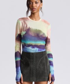Stretch Printed Mesh Long Sleeve Thumbhole Top