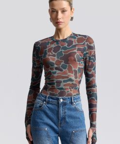 Stretch Printed Mesh Long Sleeve Thumbhole Top Camo