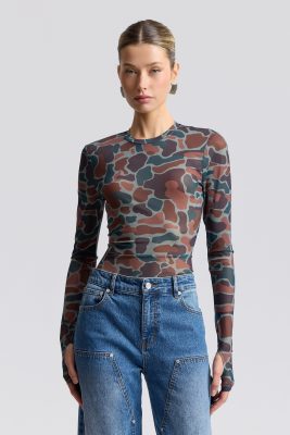 Stretch Printed Mesh Long Sleeve Thumbhole Top Camo