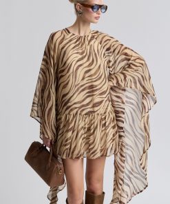 Waterfall Sleeve Zebra Print Crinkle Georgette Mini Dress