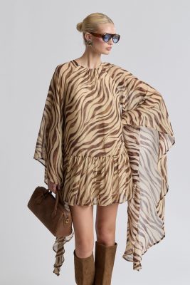 Waterfall Sleeve Zebra Print Crinkle Georgette Mini Dress