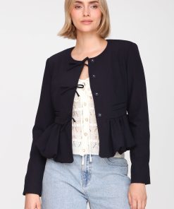 Bow-Front Stretch Suiting Peplum Jacket - Navy / L