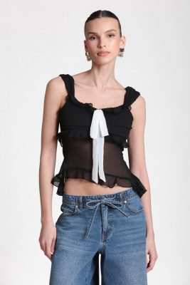 Contrast Bow Ruffle Chiffon Top