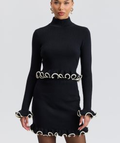 Ruffle Trim Cropped Mock Neck Sweater