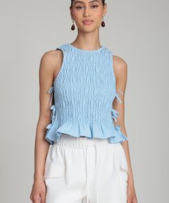Linen Blend Side-Tie Ruffle Hem Top