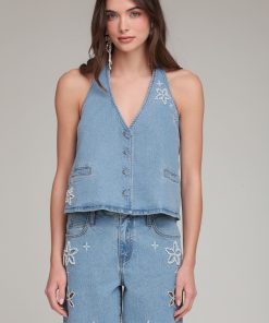 Pearl Fleur Embellished Stretch Denim Vest Top