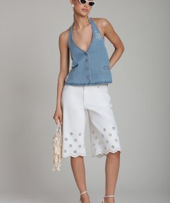 Eyelet Embroidered Stretch Denim Bermuda Shorts