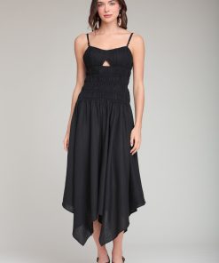 Linen Blend Shirred Handkerchief Hem Midi Dress - Black / XS
