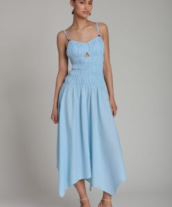 Linen Blend Shirred Handkerchief Hem Midi Dress