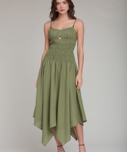 Linen Blend Shirred Handkerchief Hem Midi Dress