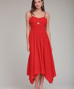 Linen Blend Shirred Handkerchief Hem Midi Dress