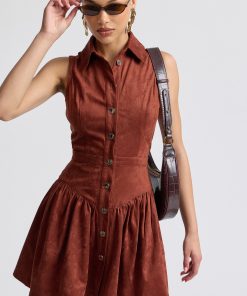 Faux Suede Sleeveless Button-Front Mini Dress