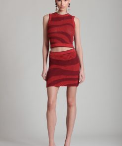 Wave Stripe Cotton Mesh Sweater Skirt - Rooibos Tea Cabernet / M
