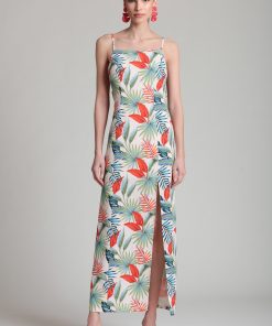 Linen Blend Tropical Print Maxi Dress - Birds of Paradise / 14