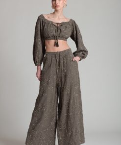 Embroidered Wide Leg Palazzo Pants
