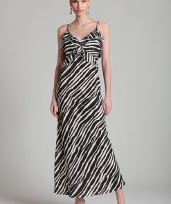 Zebra Lurex Stripe Braided Strap Ruffle Maxi Dress