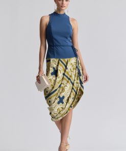 Mock Neck Asymmetric Draped Midi Dress