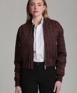 Faux Suede Woven Bomber Jacket - Mahogany / M