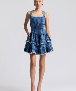 Tie-Dye Stretch Denim Ruffle Mini Dress