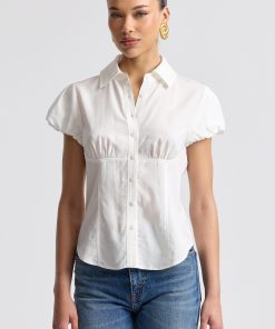 Lyocell Blend Puff Sleeve Button Front Top