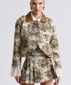 Floral Brocade Fitted Blazer With Lace Trim Sleeves