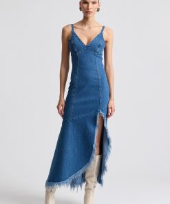 Stretch Denim Frayed Hem Maxi Dress - Monarch Wash / 4
