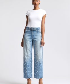 Distressed Darted Belted Wide-Leg Jeans