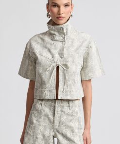 Snake Print Stretch Cotton Short Sleeve Tie Jacket