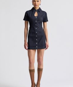 Stretch Denim Collared Keyhole Mini Dress