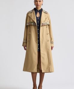 Floral Jacquard Combo Cotton Trench Coat - Bisque-Taupe / S