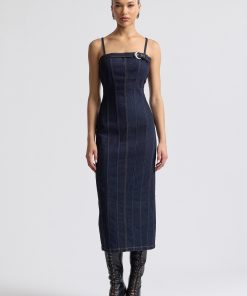 Stretch Denim Buckle Detail Midi Dress