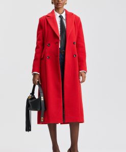 Wool Blend Sculpted Double Breasted Coat - Scarlet / XL
