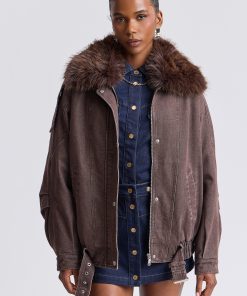 Faux Fur-Trimmed Oversized Denim Bomber Jacket