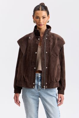 Genuine Suede Layered Yoke Bomber Jacket - Wood / L