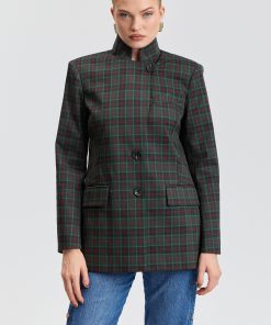 Stand Collar Plaid Blazer