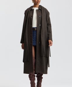 Wool-Blend Herringbone Scarf-Belted Coat - Brown / XXS