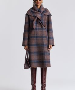 Plaid Wool Blend Scarf Trim Coat