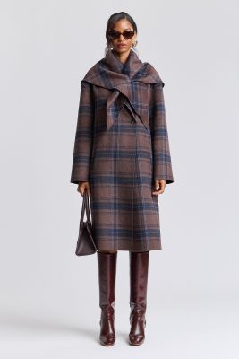 Plaid Wool Blend Scarf Trim Coat - Brown-Navy Plaid / XL