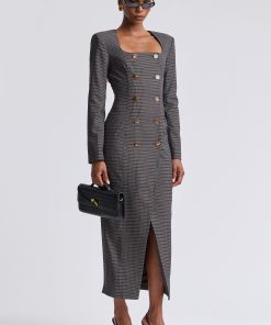 Double Breasted Plaid Maxi Dress
