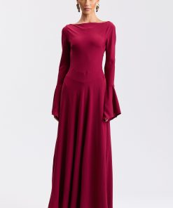 Stretch Crepe Lace-Up Back Flounce-Sleeve Maxi Dress