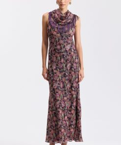 Cowl Neck Paisley Maxi Dress with Scarf