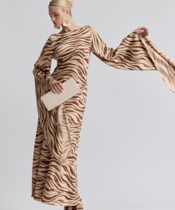 Statement Sleeve Zebra Print Satin Maxi Dress