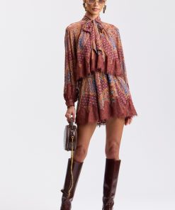 Lace Trim Tiered Paisley Mini Dress