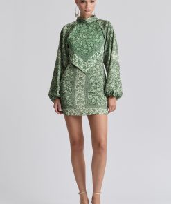 Floral Printed Satin Scarf-Neck Mini Dress