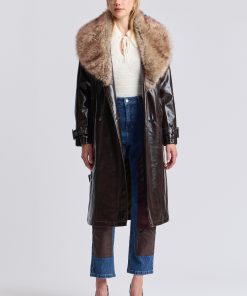 Glossy Faux Leather Faux Fur-Trimmed Trench Coat