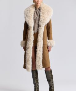 Belted Faux Suede and Sherling Coat - Whiskey-Cream / L
