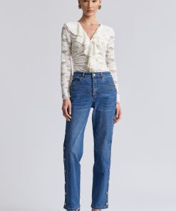 Button Trimmed Straight Leg Jeans - Honor Wash / 24