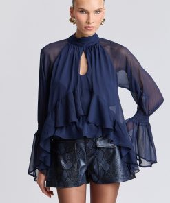 Chiffon Ruffle Tie-Neck Blouse
