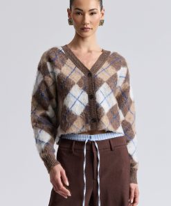 Brushed Argyle Jacquard Cropped Cardigan